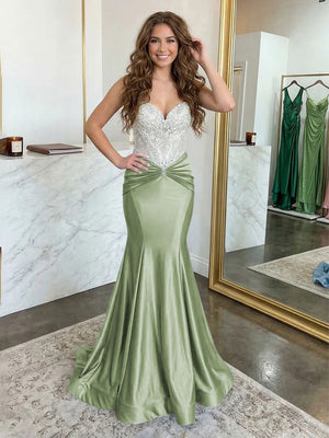 Strapless Lace Appliques Satin Evening Dresses with Pleats