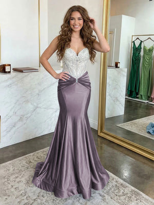 Strapless Lace Appliques Satin Evening Dresses with Pleats