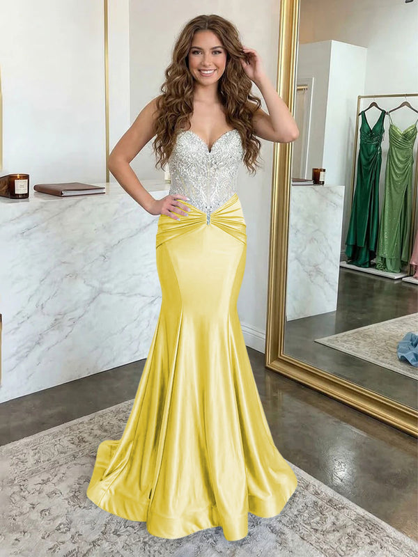 Strapless Lace Appliques Satin Evening Dresses with Pleats