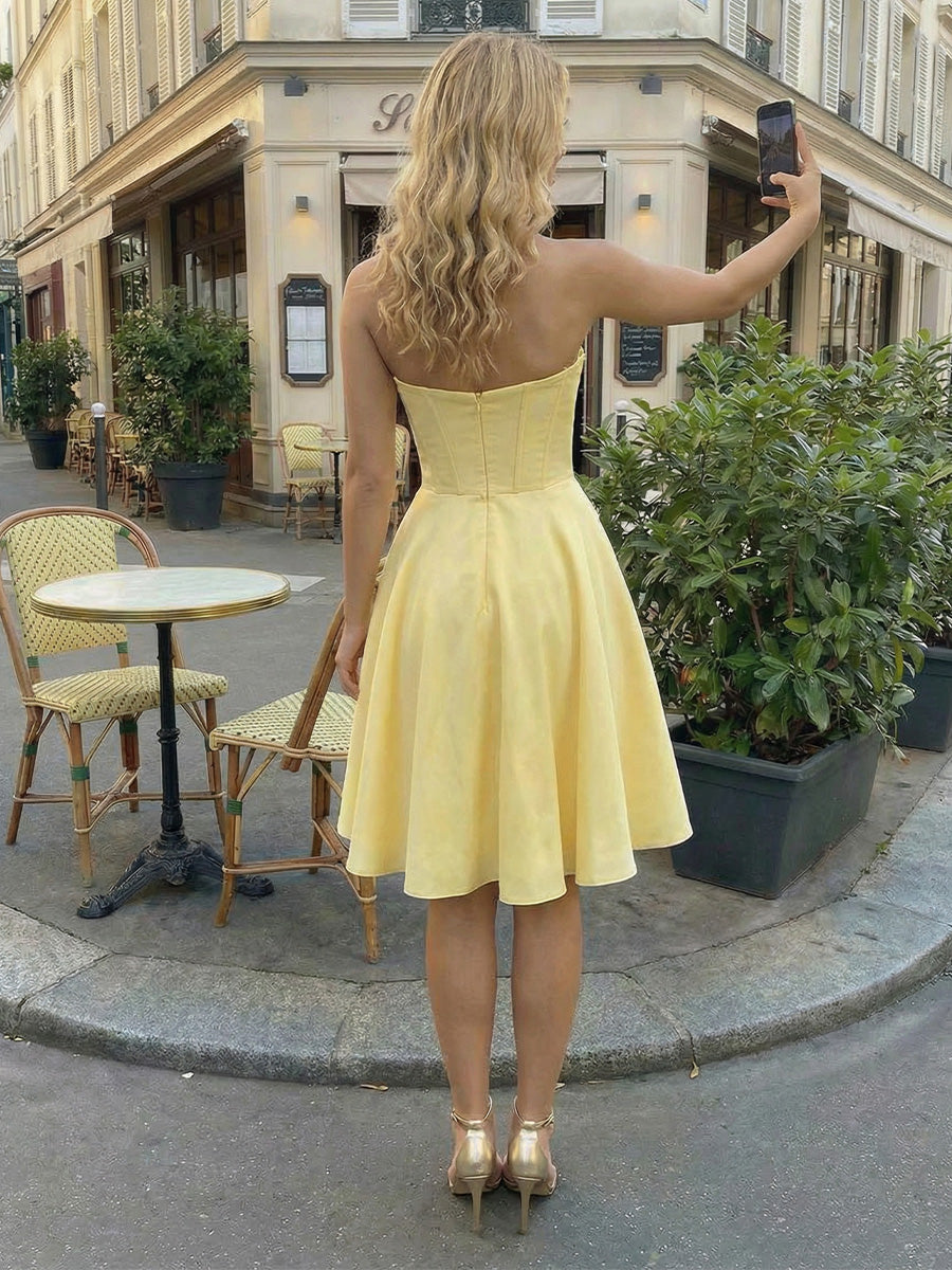 Satin Strapless A Line Corset Pleated Sequin Mini Prom Dresses