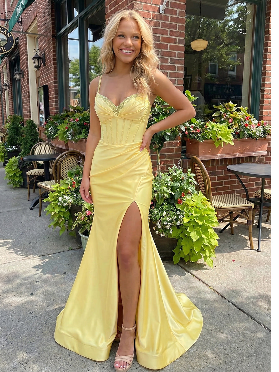 Spaghetti Straps Satin A Line Corset Pleated Sequin Prom Dresses with Slit