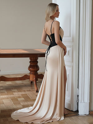 Spaghetti Straps Mermaid Satin Formal Dresses with Pleats