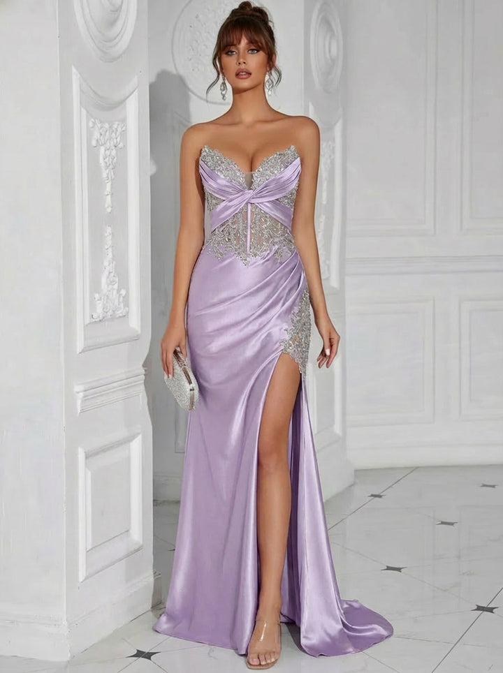 Satin Sweetheart Pleated Lace Appliques Formal Dresses with Slit