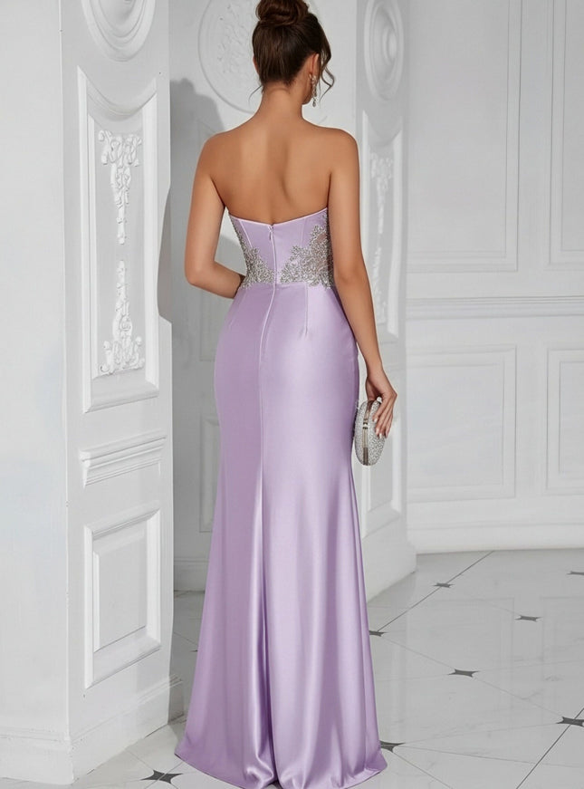 Satin Sweetheart Pleated Lace Appliques Formal Dresses with Slit