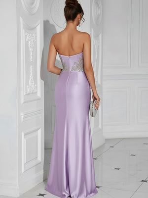 Satin Sweetheart Pleated Lace Appliques Formal Dresses with Slit