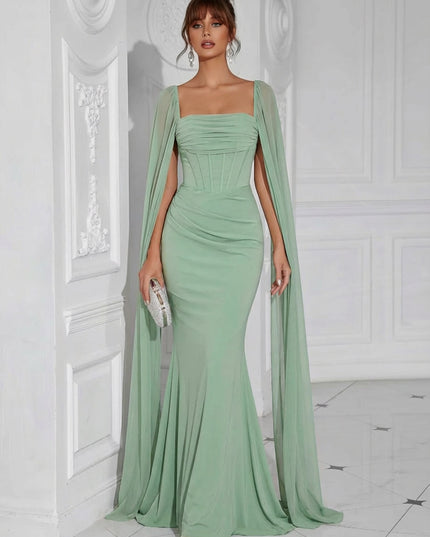 Chiffon Square Neck Pleated Ruffles Formal Dresses with Slit