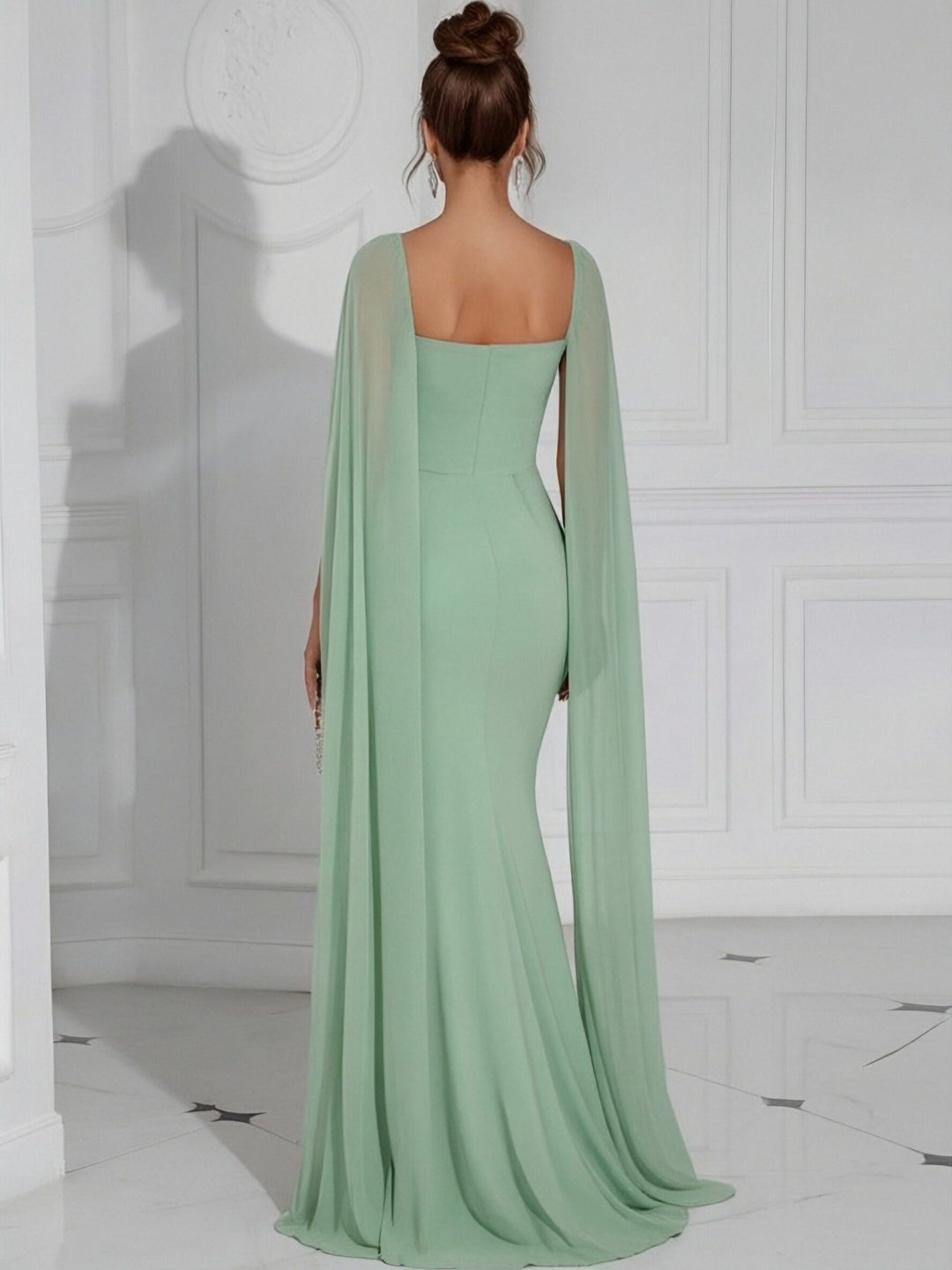 Chiffon Square Neck Pleated Ruffles Formal Dresses with Slit