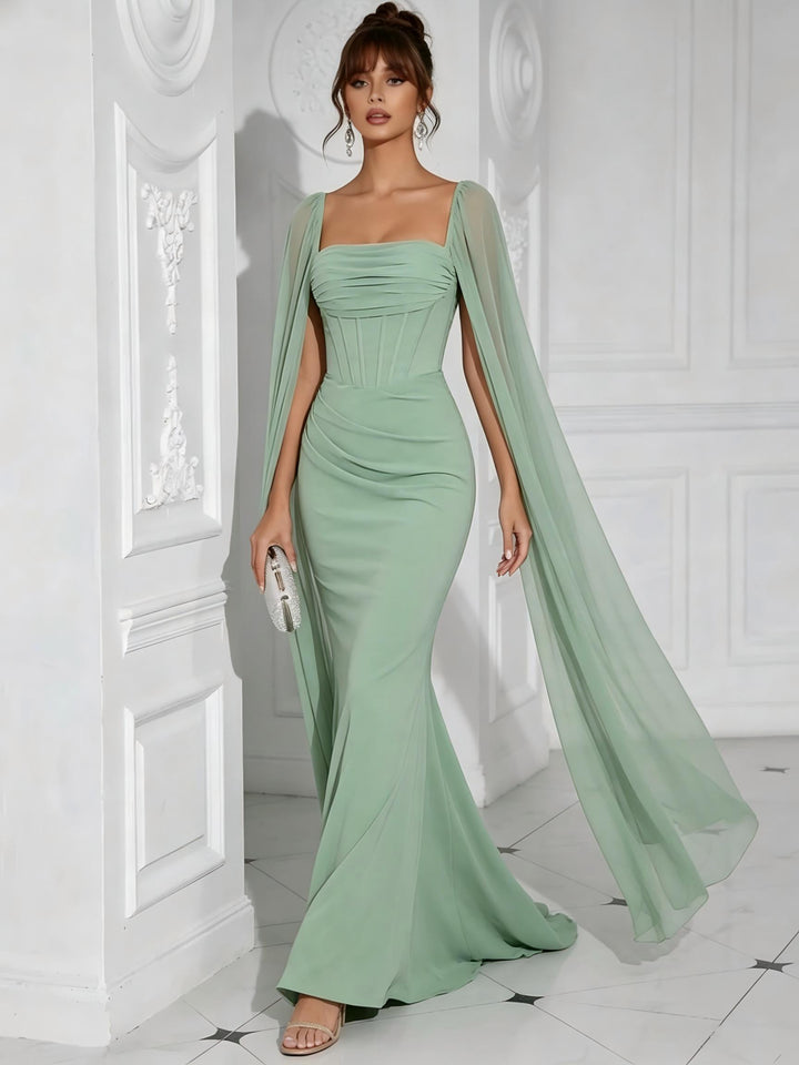 Chiffon Square Neck Pleated Ruffles Formal Dresses with Slit