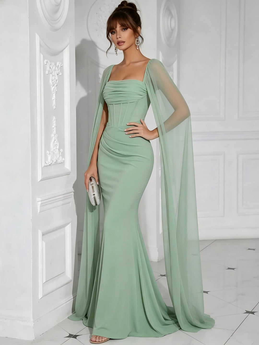 Chiffon Square Neck Pleated Ruffles Formal Dresses with Slit