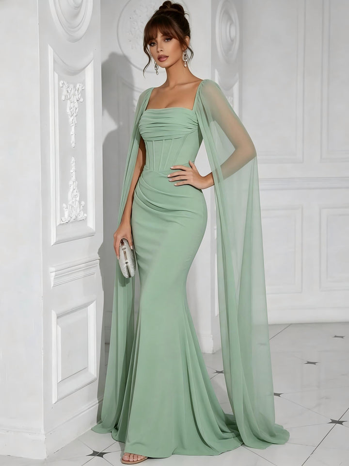 Chiffon Square Neck Pleated Ruffles Formal Dresses with Slit