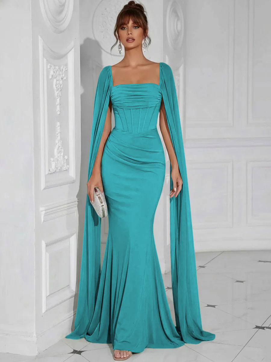 Chiffon Square Neck Pleated Ruffles Formal Dresses with Slit