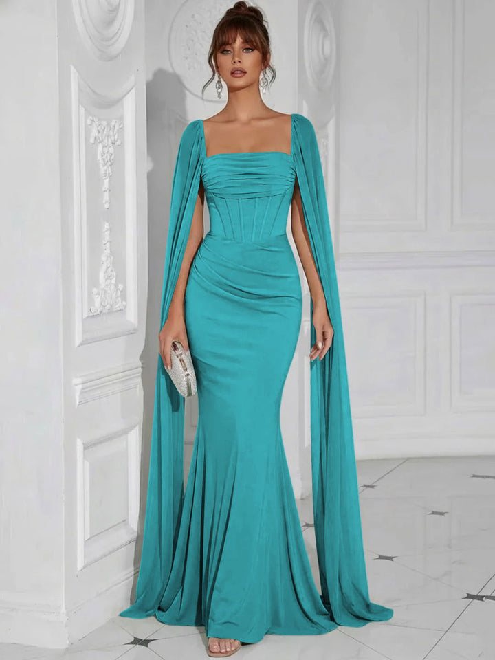 Chiffon Square Neck Pleated Ruffles Formal Dresses with Slit