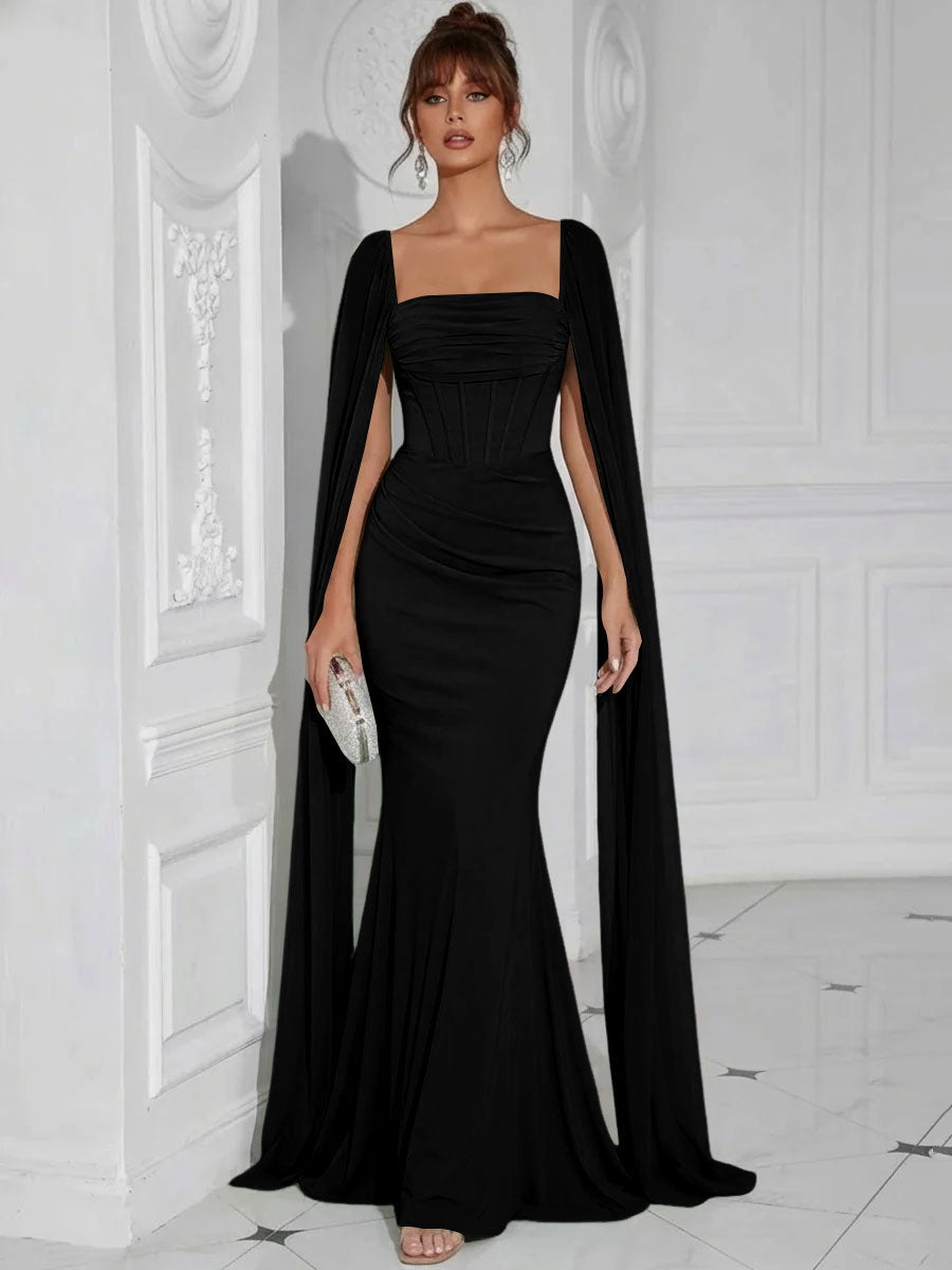 Chiffon Square Neck Pleated Ruffles Formal Dresses with Slit