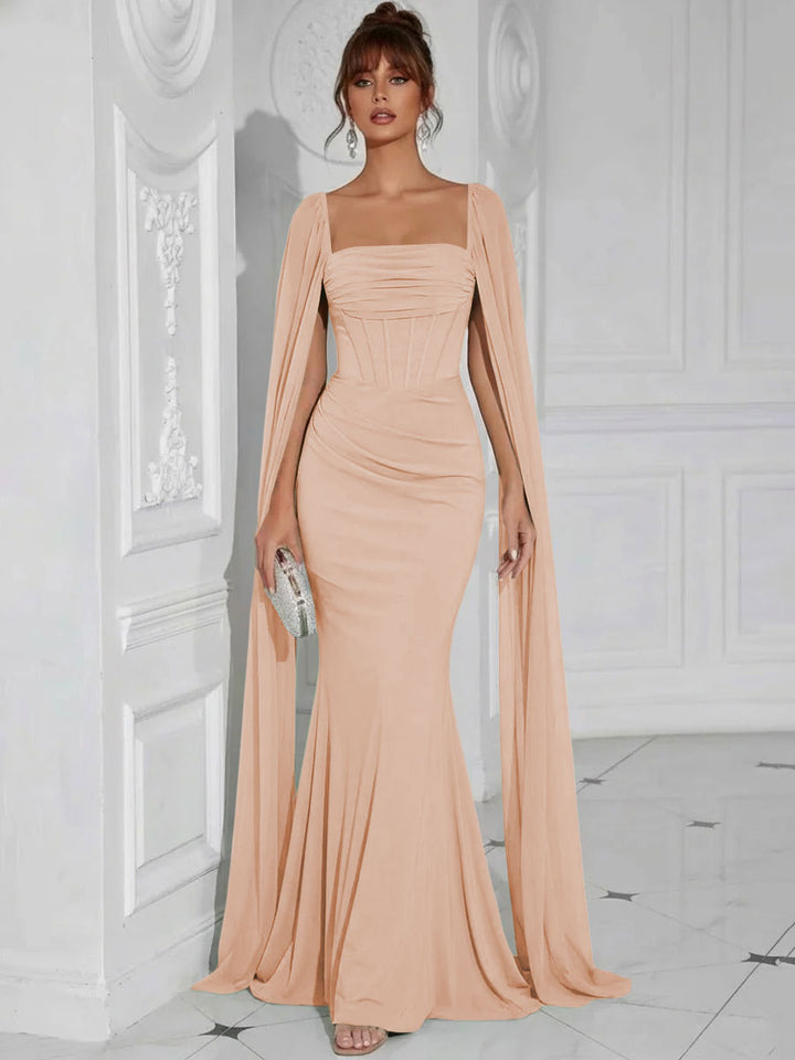 Chiffon Square Neck Pleated Ruffles Formal Dresses with Slit