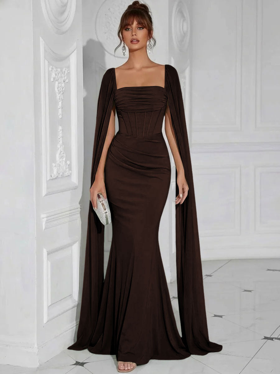 Chiffon Square Neck Pleated Ruffles Formal Dresses with Slit