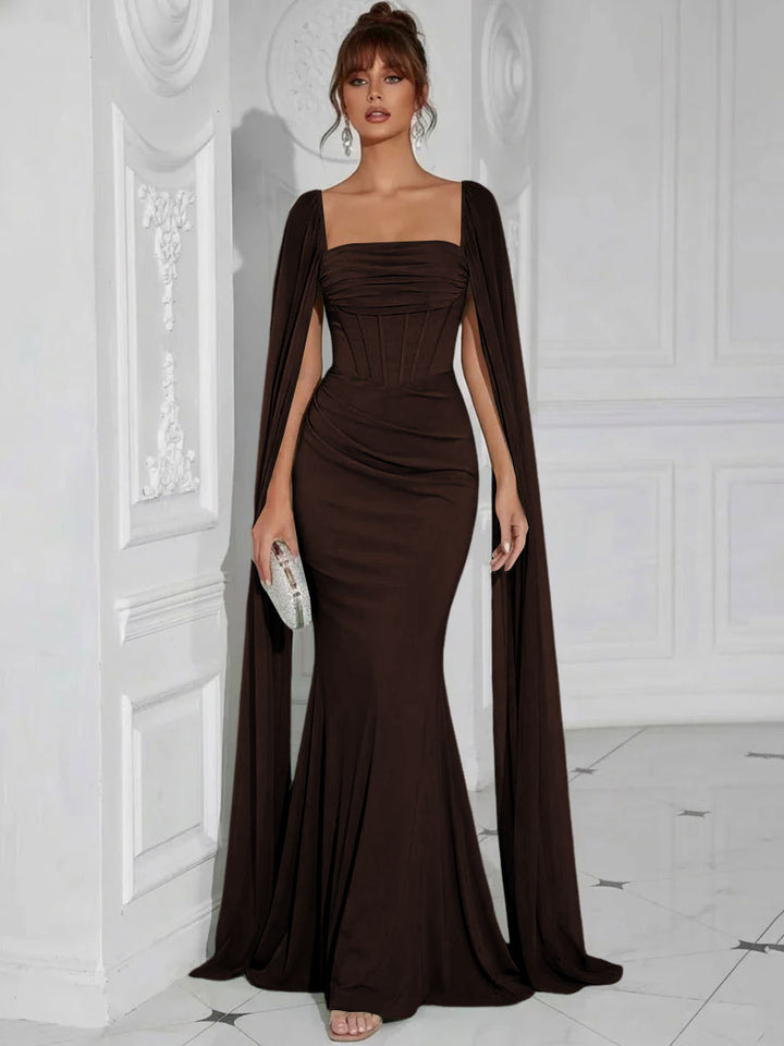 Chiffon Square Neck Pleated Ruffles Formal Dresses with Slit