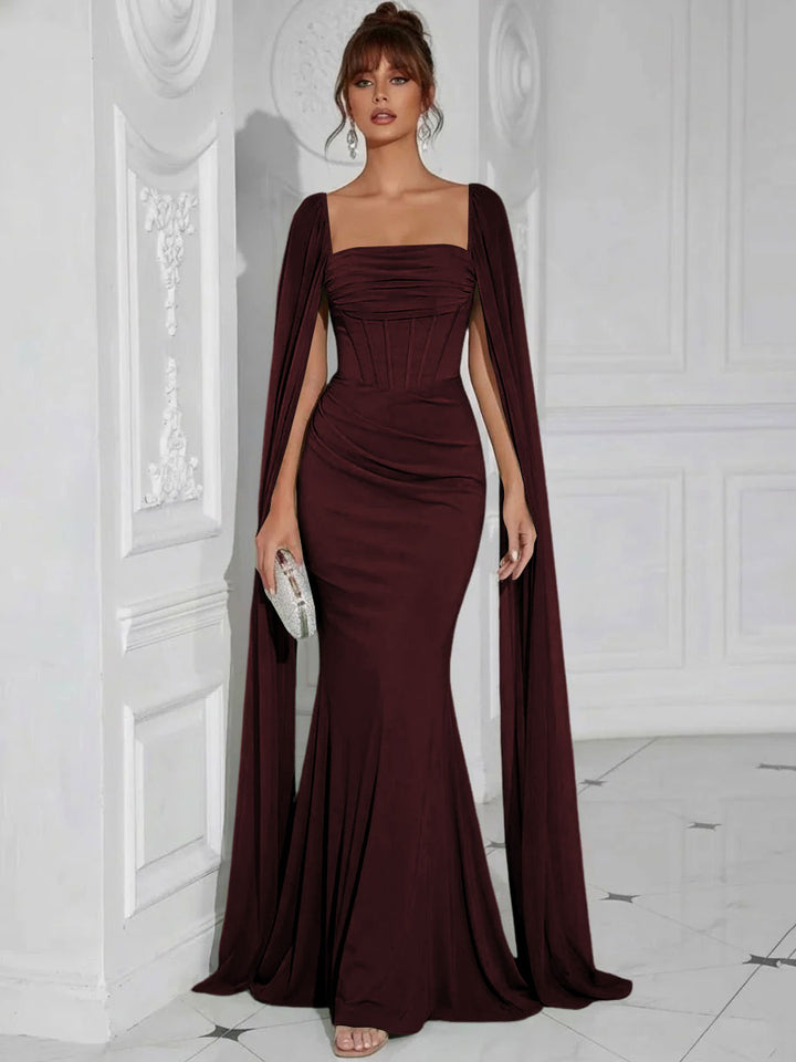 Chiffon Square Neck Pleated Ruffles Formal Dresses with Slit
