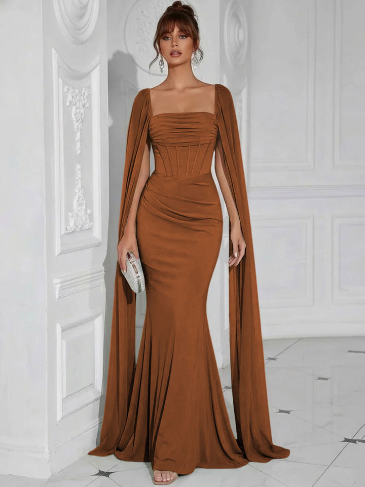 Chiffon Square Neck Pleated Ruffles Formal Dresses with Slit