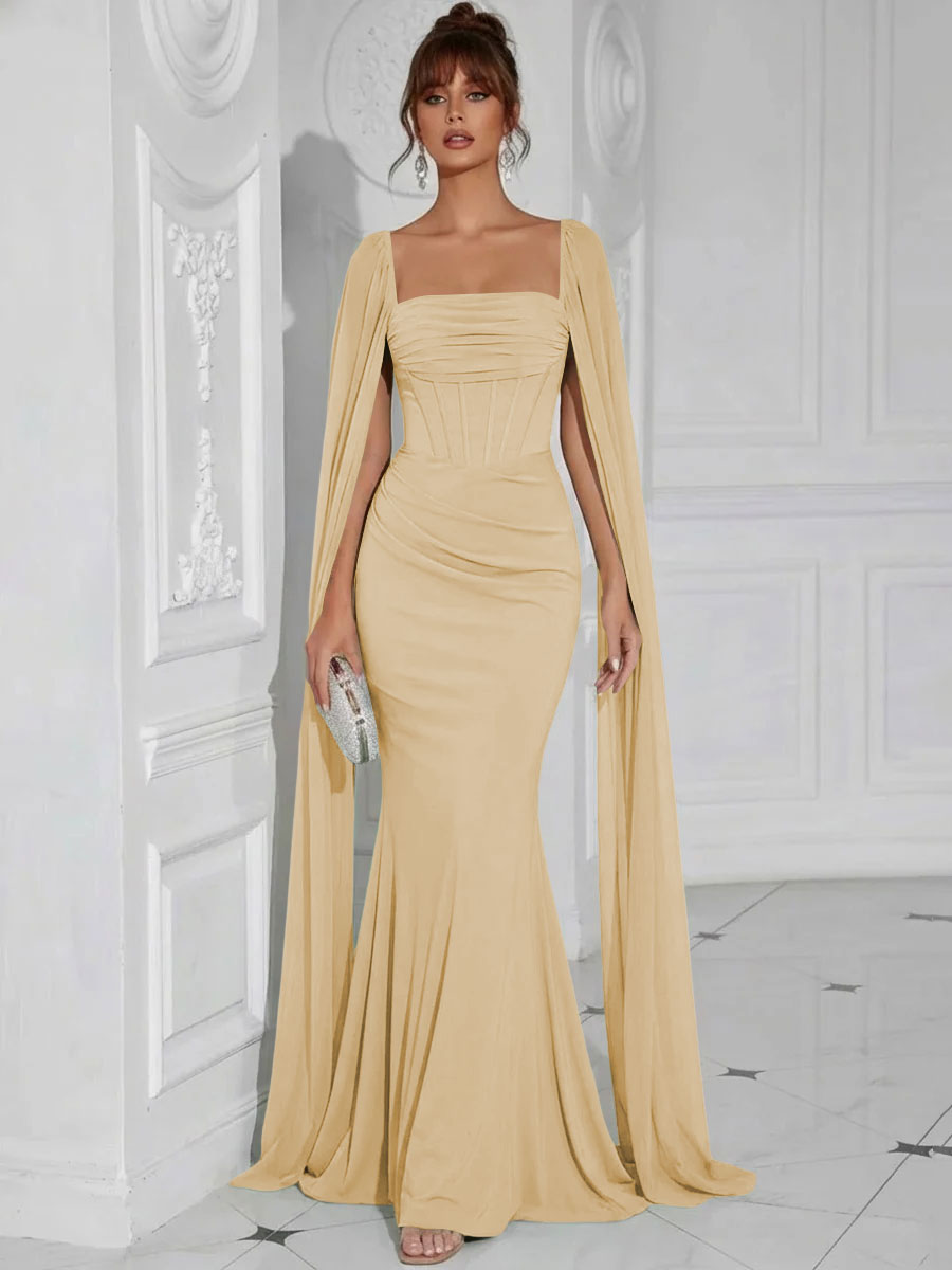 Chiffon Square Neck Pleated Ruffles Formal Dresses with Slit