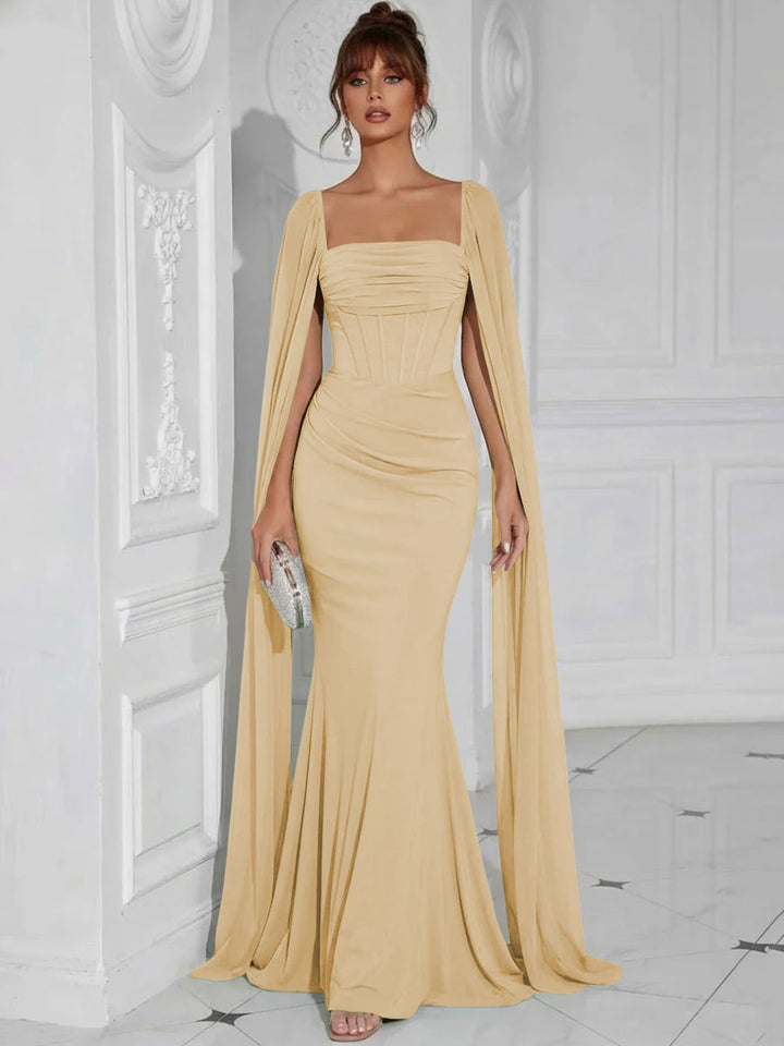 Chiffon Square Neck Pleated Ruffles Formal Dresses with Slit