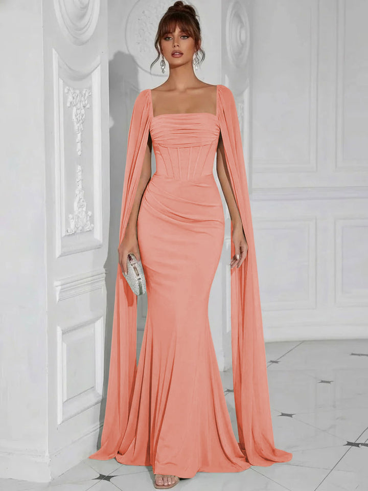 Chiffon Square Neck Pleated Ruffles Formal Dresses with Slit