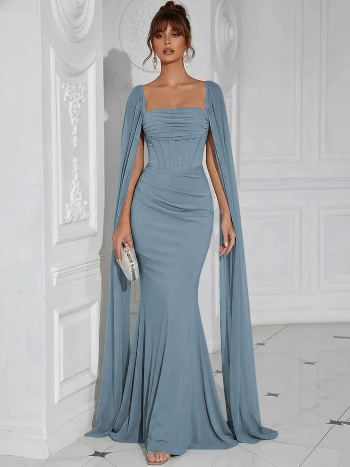 Chiffon Square Neck Pleated Ruffles Formal Dresses with Slit
