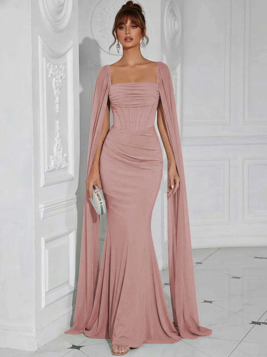Chiffon Square Neck Pleated Ruffles Formal Dresses with Slit