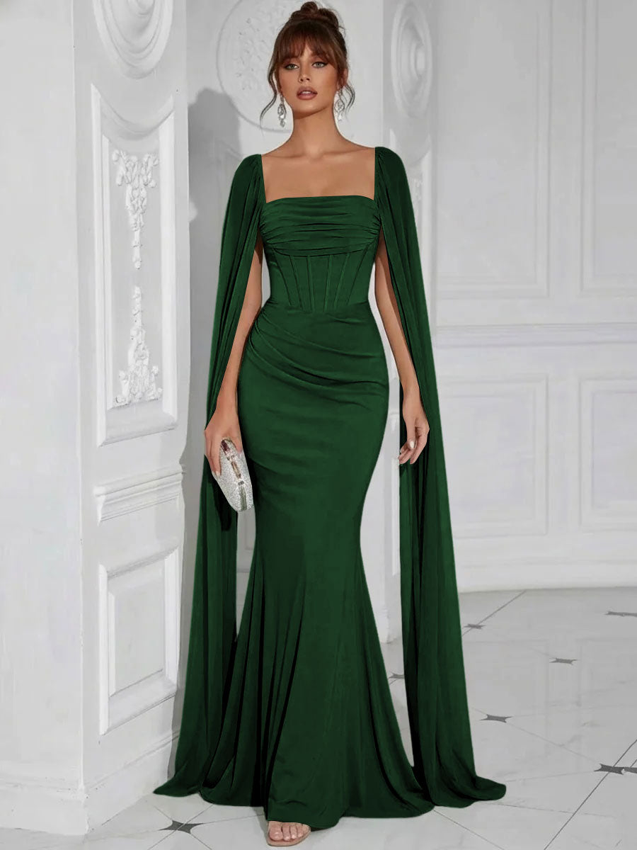Chiffon Square Neck Pleated Ruffles Formal Dresses with Slit