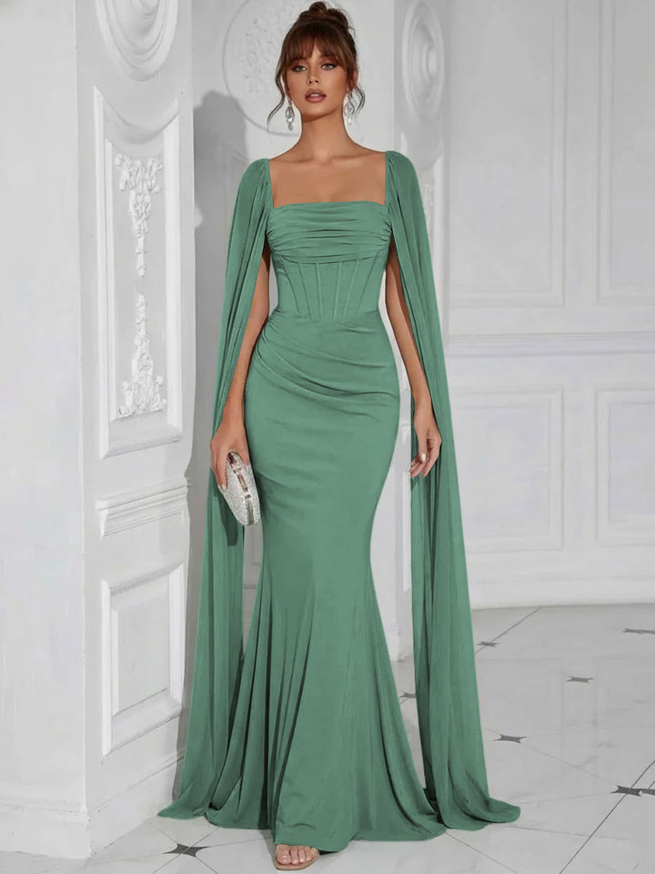 Chiffon Square Neck Pleated Ruffles Formal Dresses with Slit