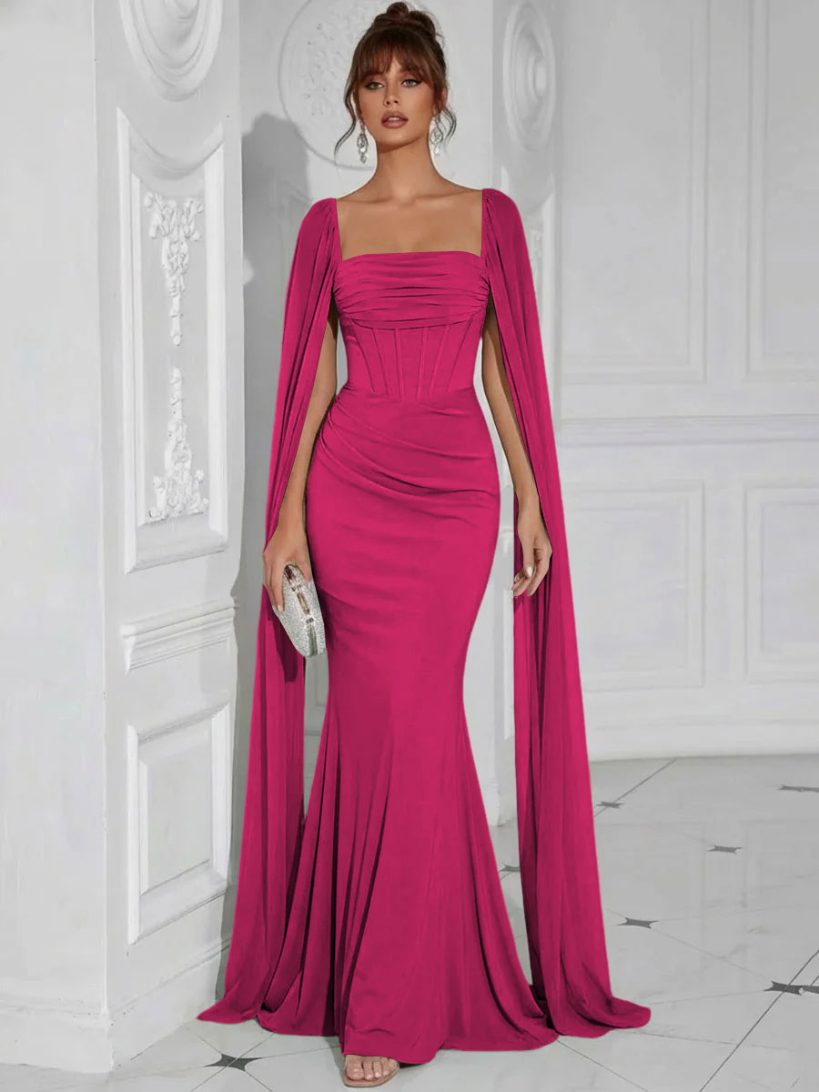 Chiffon Square Neck Pleated Ruffles Formal Dresses with Slit