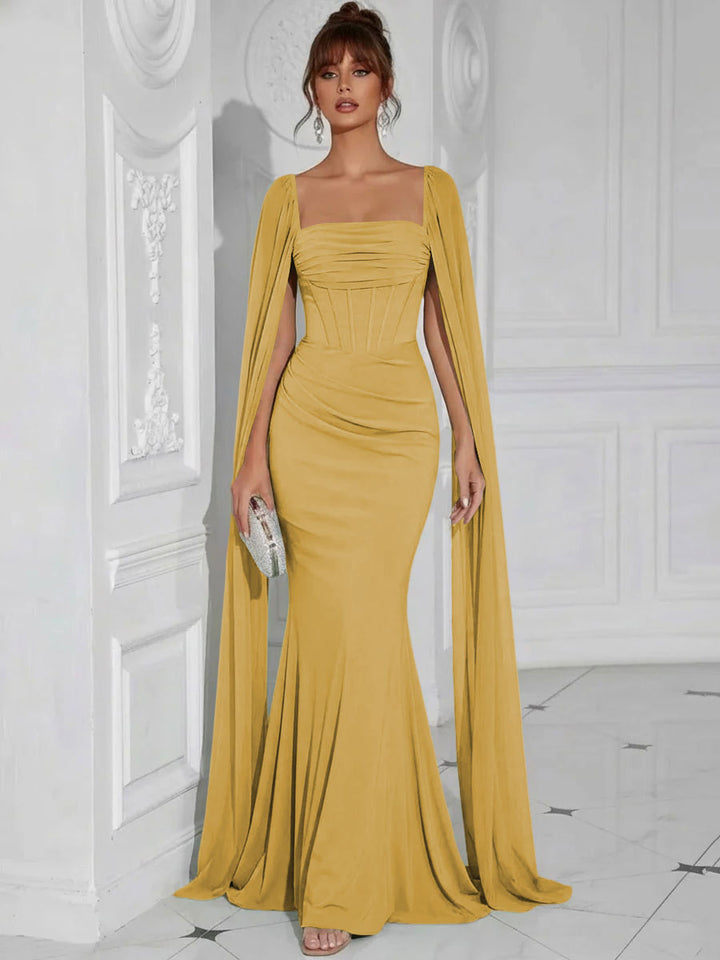 Chiffon Square Neck Pleated Ruffles Formal Dresses with Slit