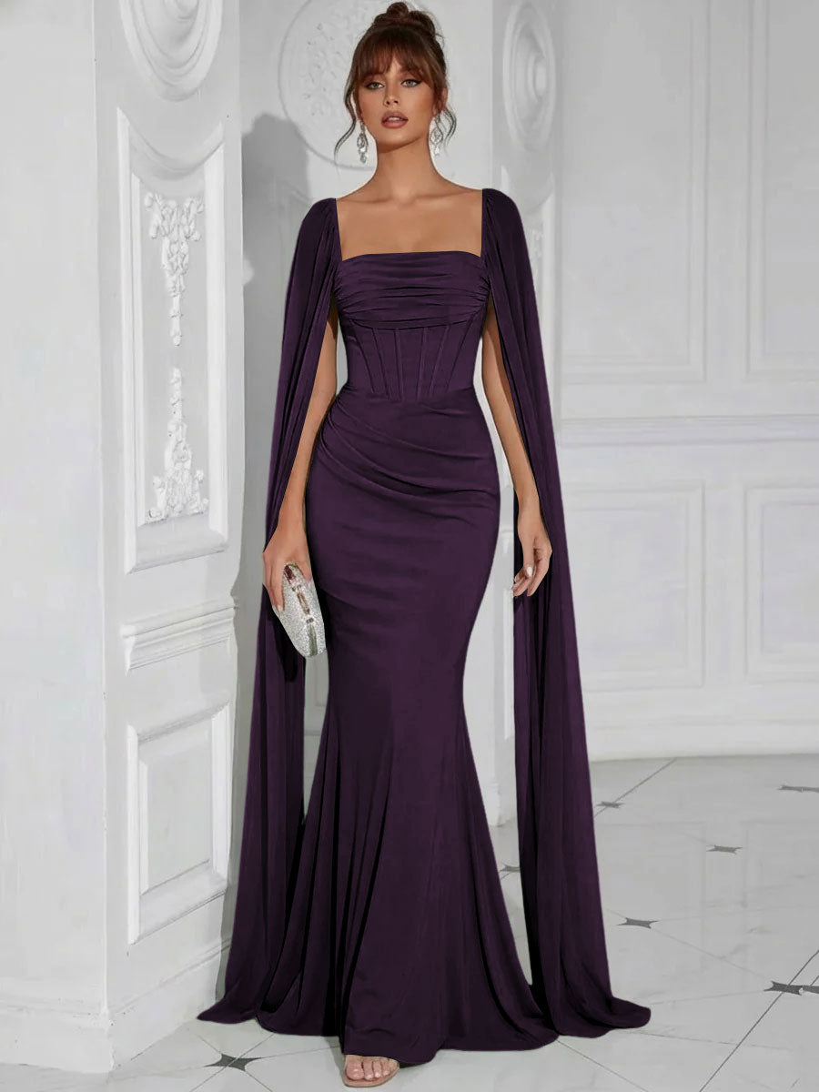 Chiffon Square Neck Pleated Ruffles Formal Dresses with Slit