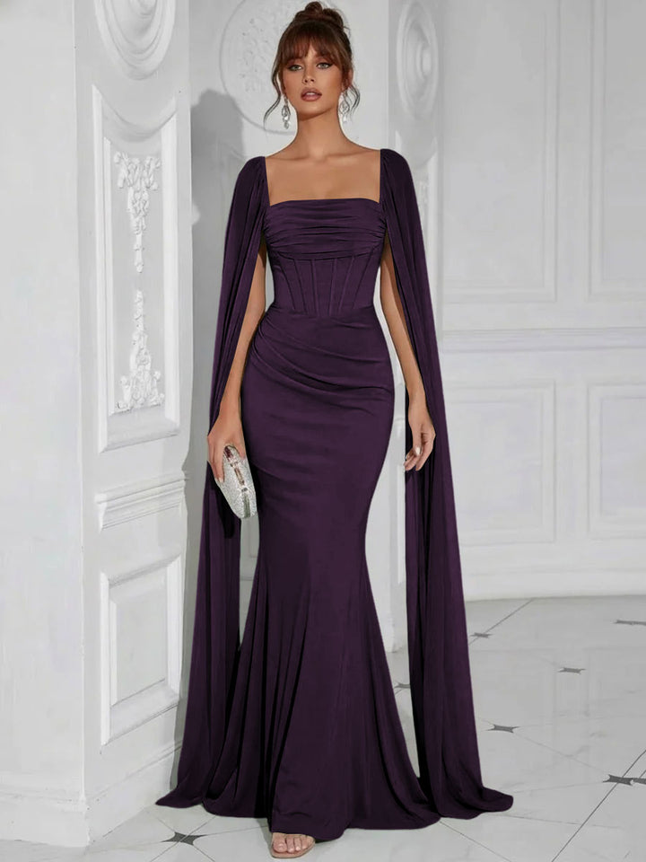 Chiffon Square Neck Pleated Ruffles Formal Dresses with Slit