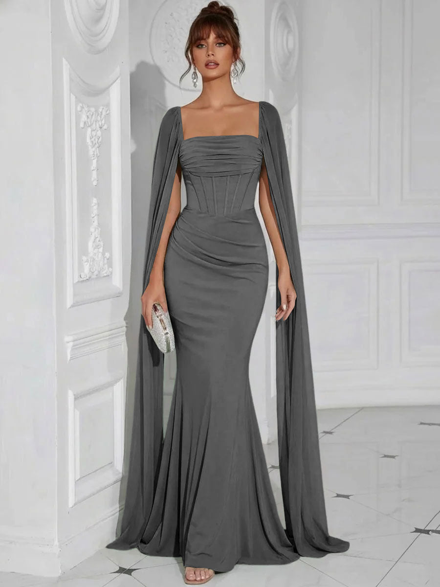 Chiffon Square Neck Pleated Ruffles Formal Dresses with Slit