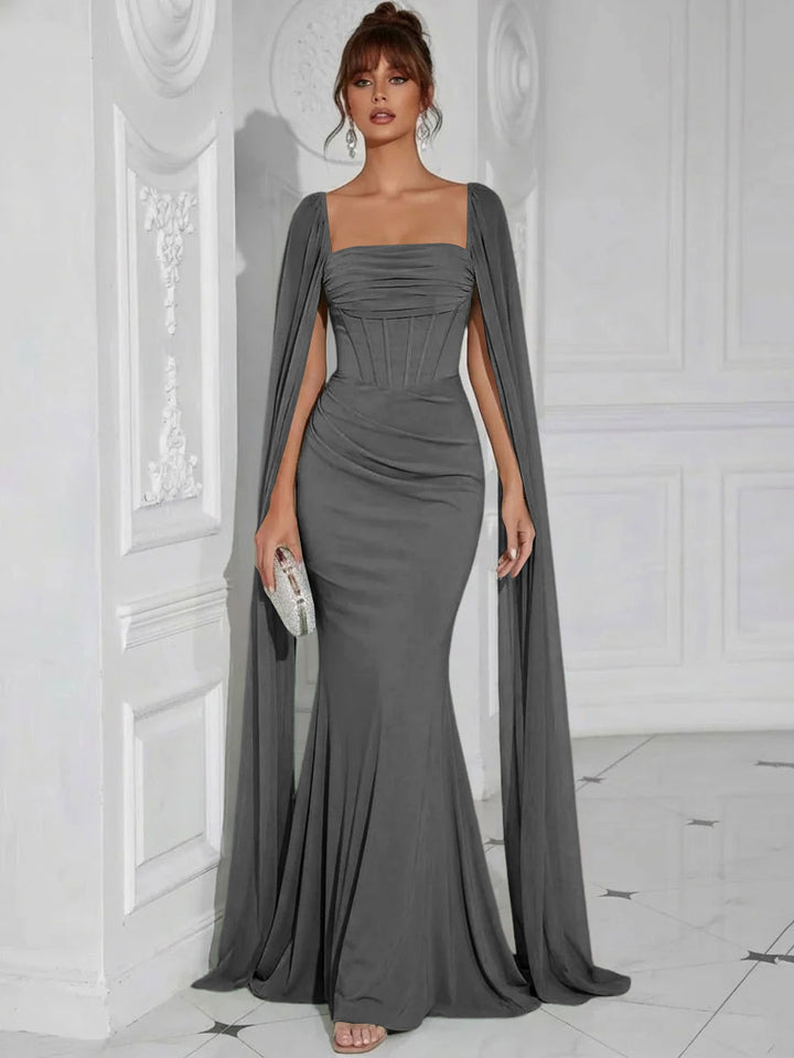 Chiffon Square Neck Pleated Ruffles Formal Dresses with Slit