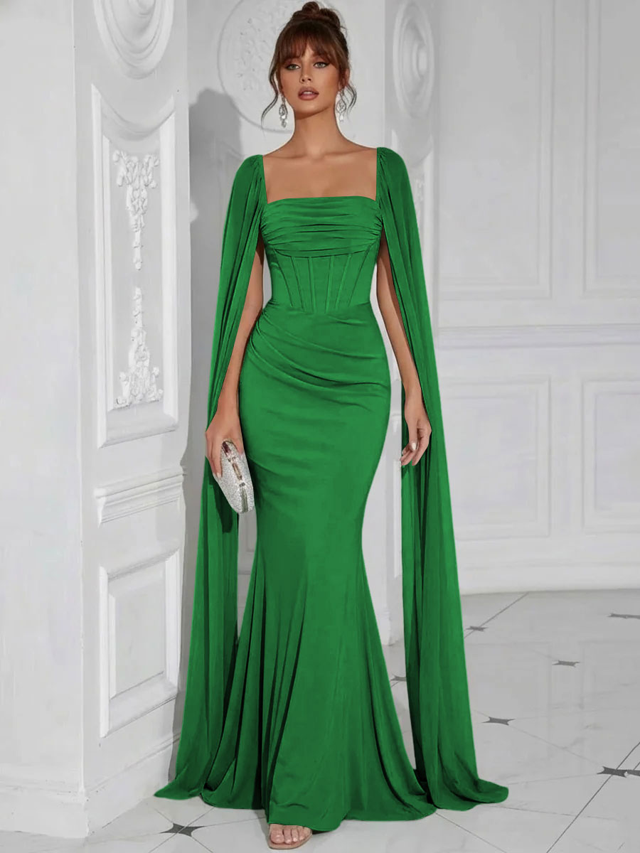 Chiffon Square Neck Pleated Ruffles Formal Dresses with Slit