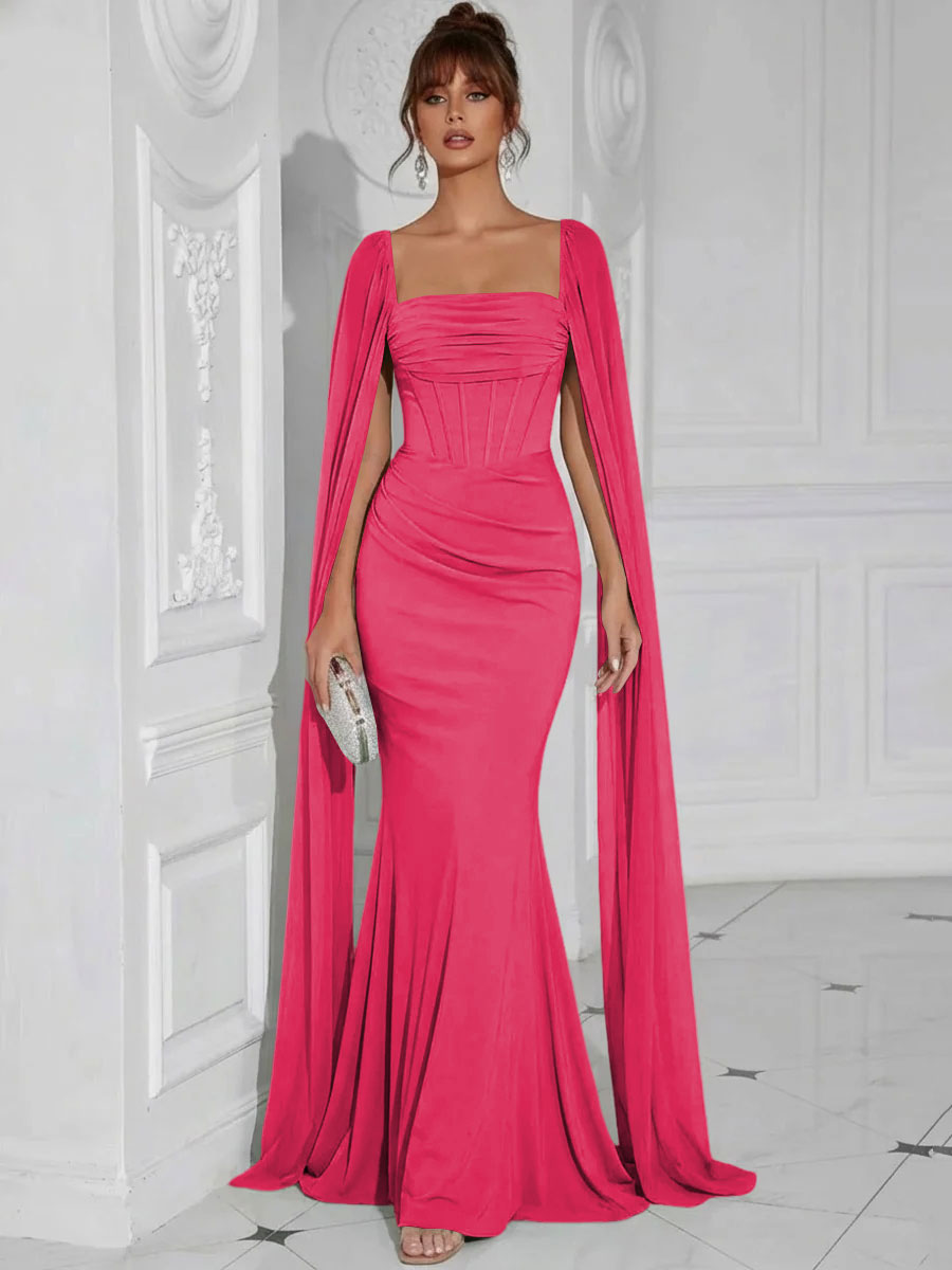 Chiffon Square Neck Pleated Ruffles Formal Dresses with Slit