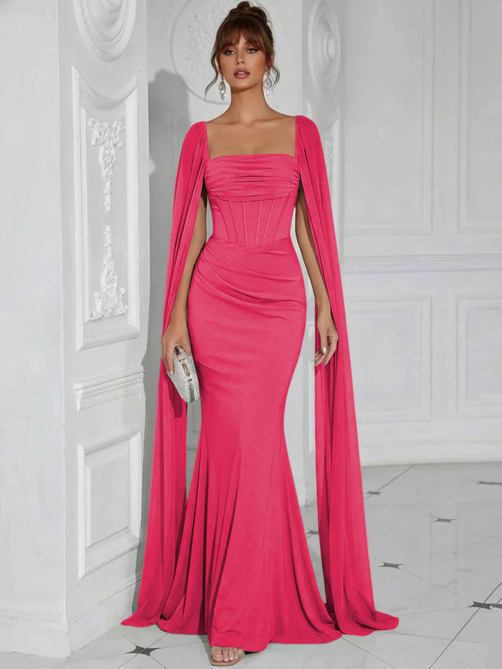 Chiffon Square Neck Pleated Ruffles Formal Dresses with Slit