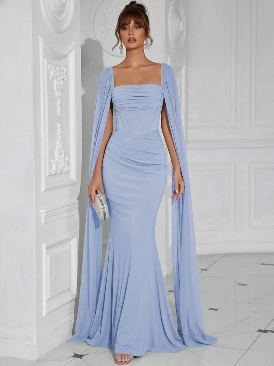 Chiffon Square Neck Pleated Ruffles Formal Dresses with Slit