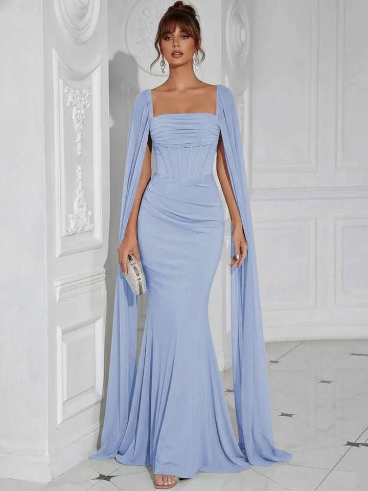 Chiffon Square Neck Pleated Ruffles Formal Dresses with Slit