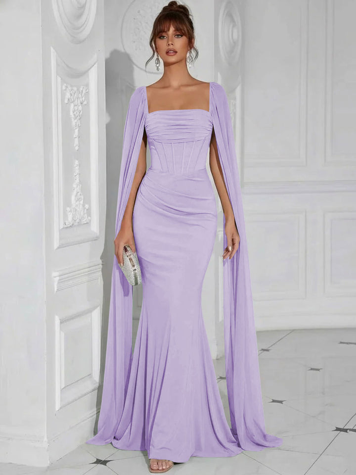 Chiffon Square Neck Pleated Ruffles Formal Dresses with Slit