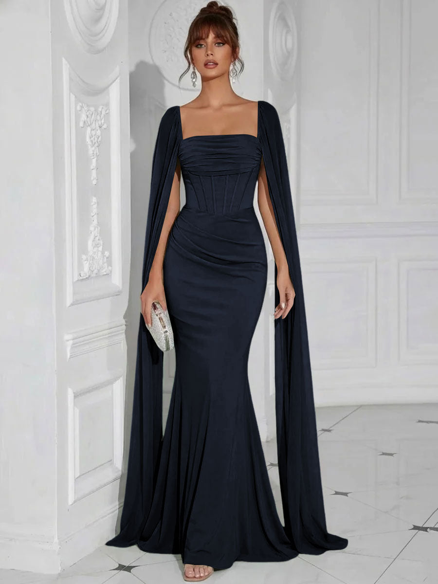 Chiffon Square Neck Pleated Ruffles Formal Dresses with Slit