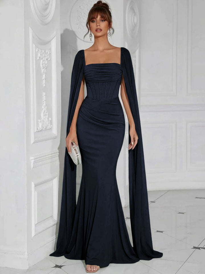 Chiffon Square Neck Pleated Ruffles Formal Dresses with Slit