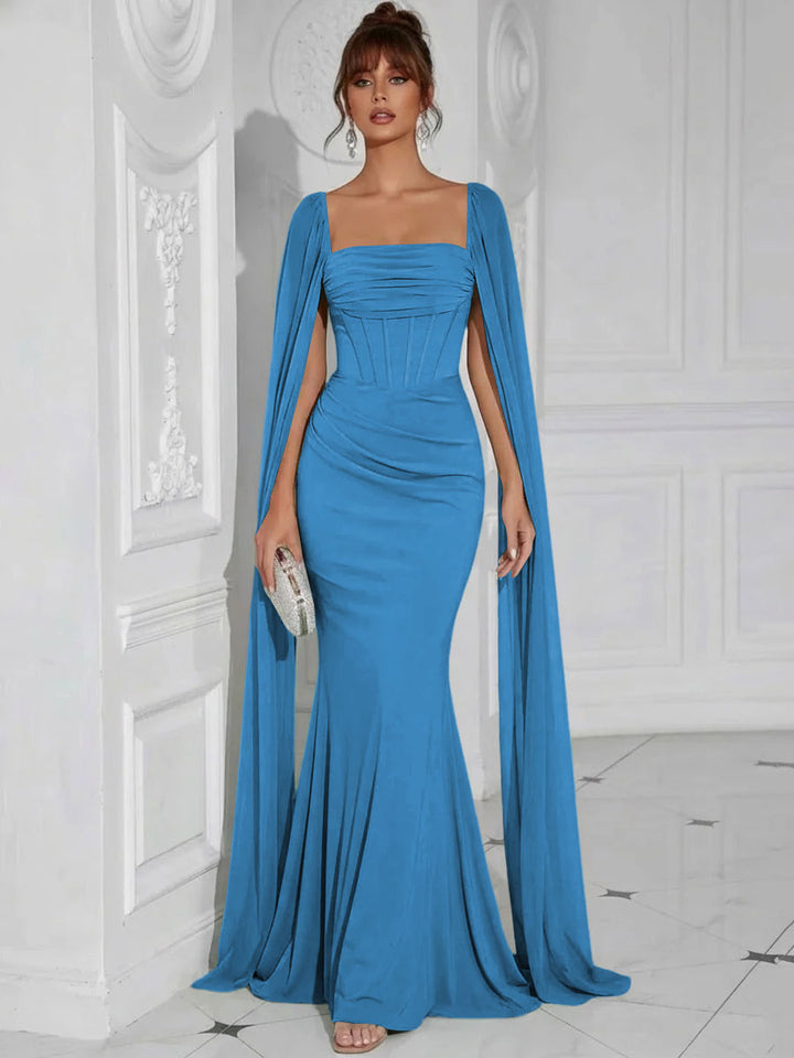 Chiffon Square Neck Pleated Ruffles Formal Dresses with Slit
