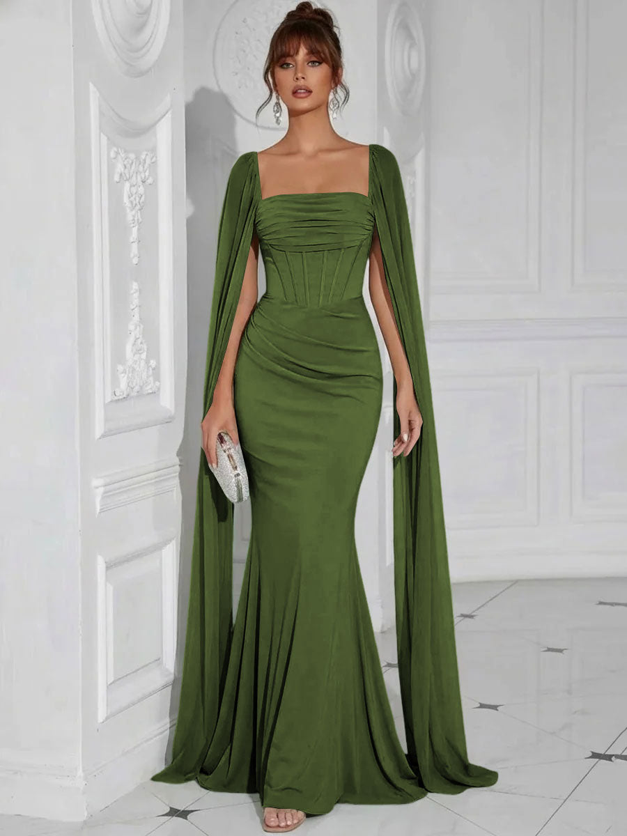 Chiffon Square Neck Pleated Ruffles Formal Dresses with Slit