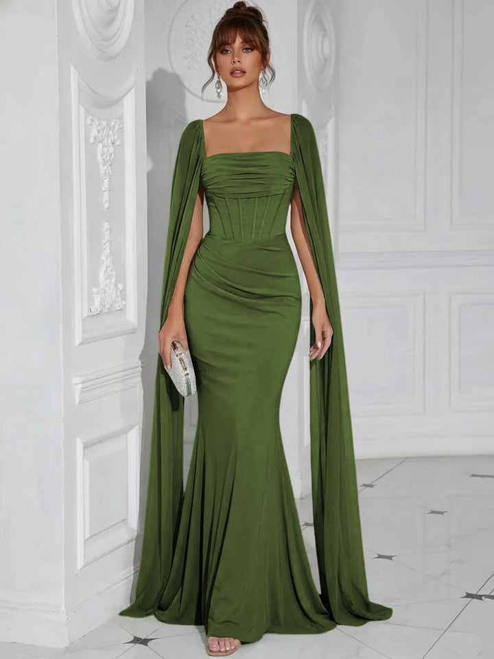 Chiffon Square Neck Pleated Ruffles Formal Dresses with Slit