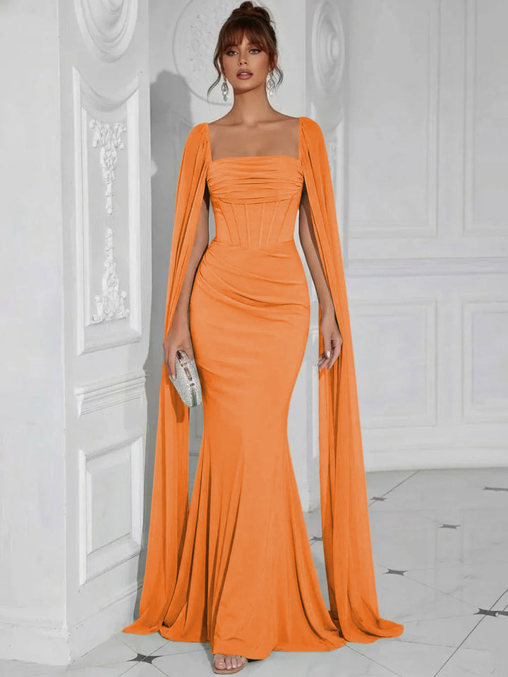 Chiffon Square Neck Pleated Ruffles Formal Dresses with Slit