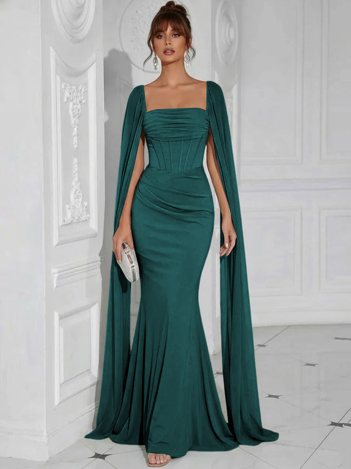 Chiffon Square Neck Pleated Ruffles Formal Dresses with Slit