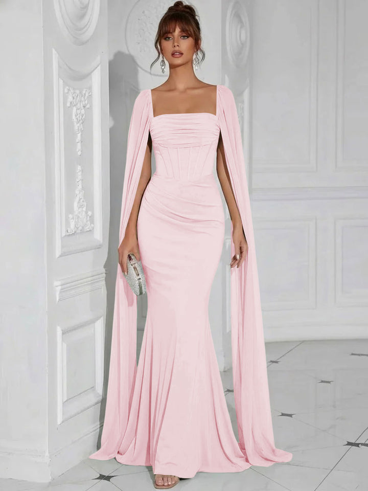 Chiffon Square Neck Pleated Ruffles Formal Dresses with Slit