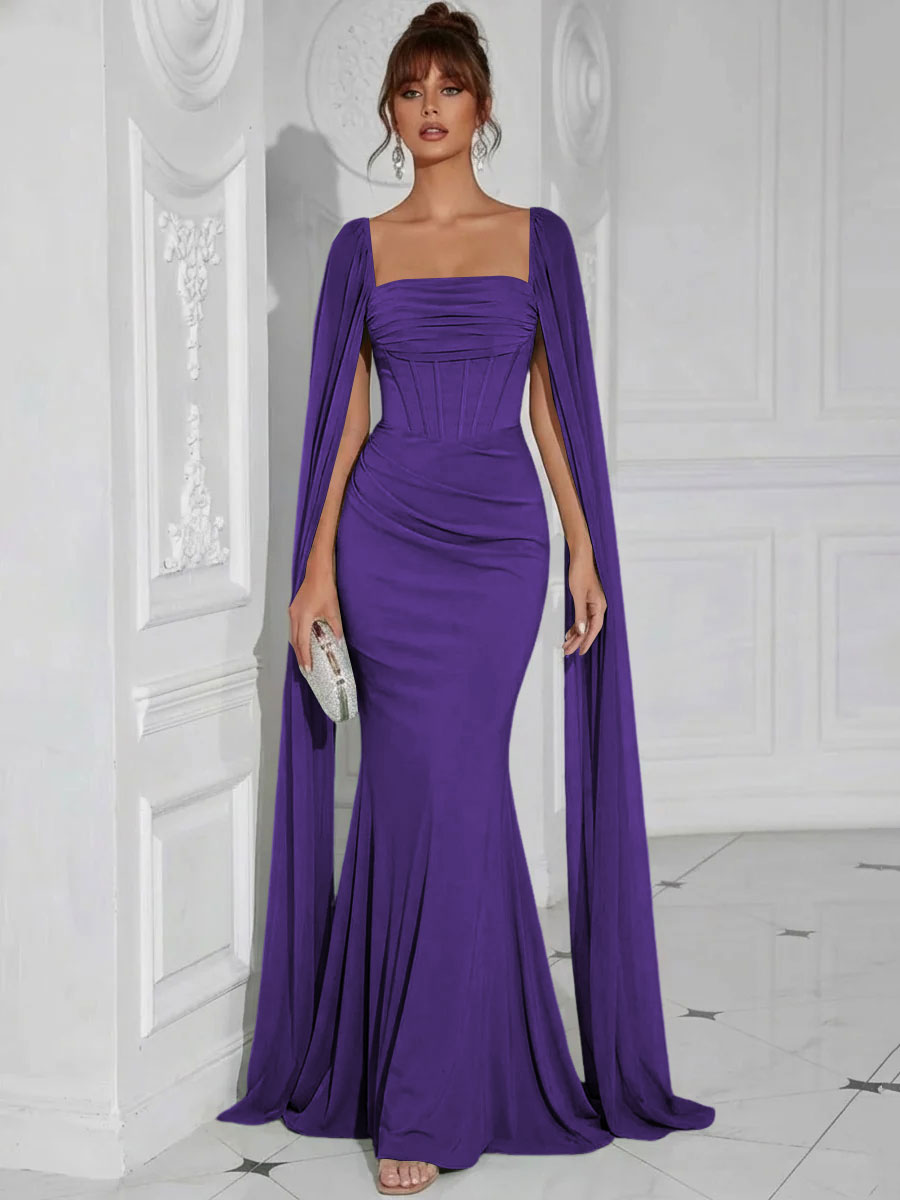 Chiffon Square Neck Pleated Ruffles Formal Dresses with Slit
